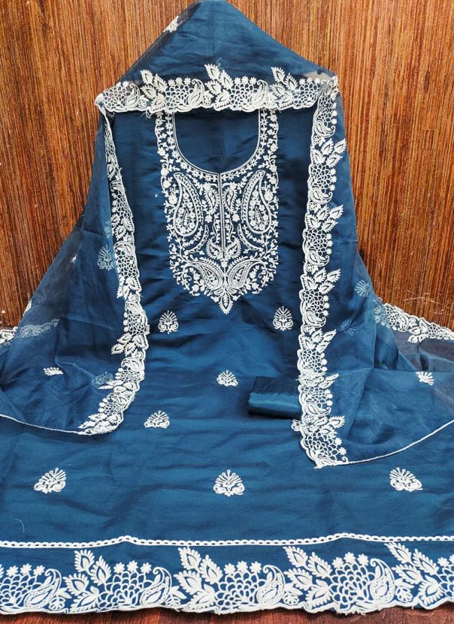 Pv Chanderi Cotton Morpeach Traditional Wear Thread Work Dress Material